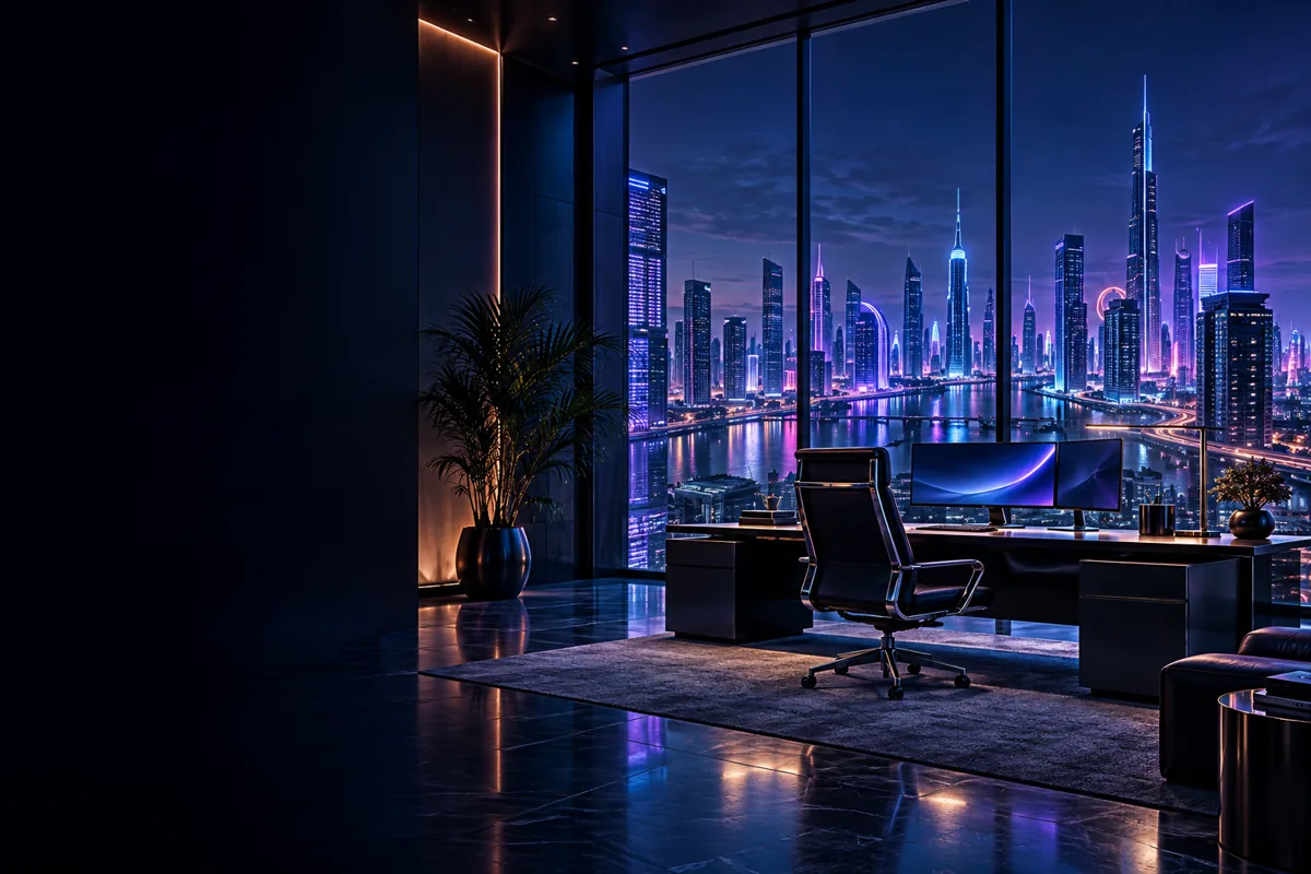 Concept illustration of a neon-lit office overlooking a city
