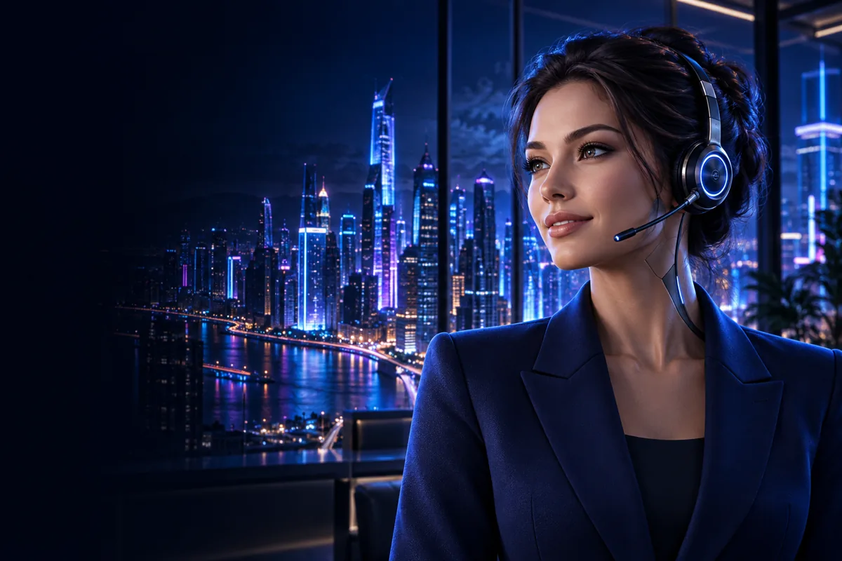 Illustrated AI receptionist wearing a headset against a neon city skyline